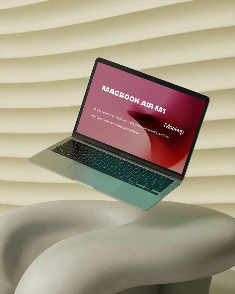 Macbook Air M1 Mockup Floating Above Sculptural Organic Pedestal With Beige Wavy Wall And Soft Light