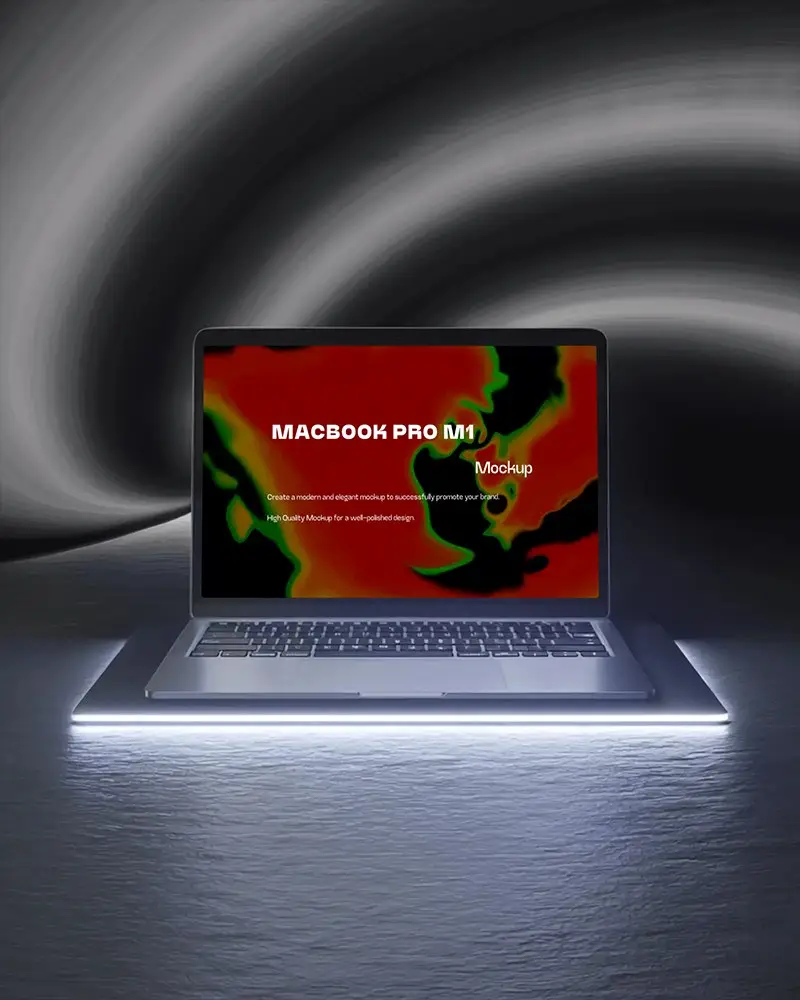 Macbook M1 Pro Mockup Futuristic Display On Glow Base With Abstract Wave Lighting And Dark Studio Vibes