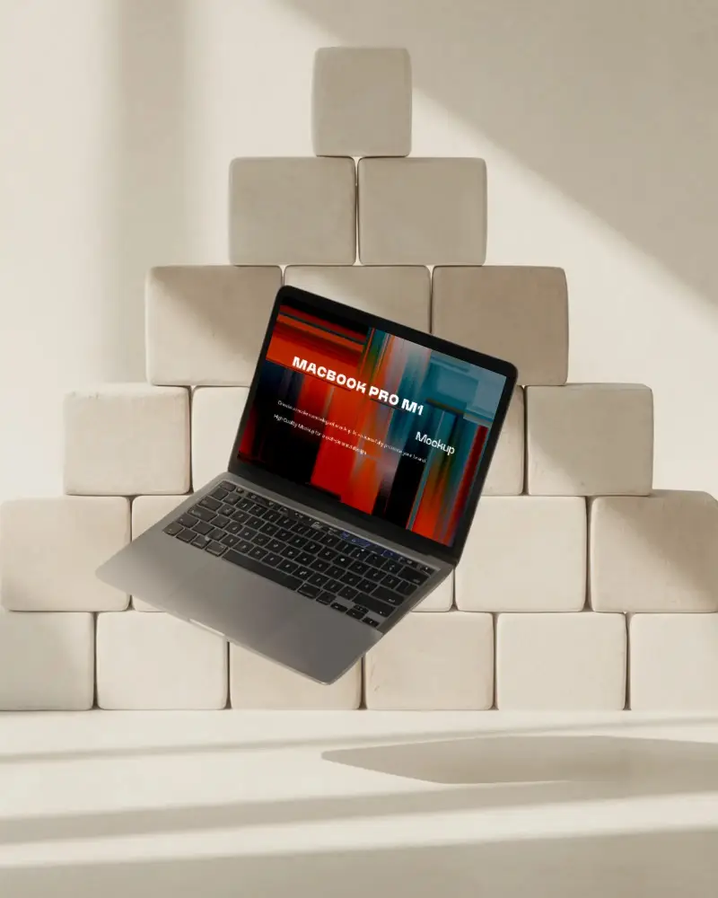 Floating Macbook Pro M1 Mockup In Front Of Pyramid Stacked Cubes Under Soft Shadow Light