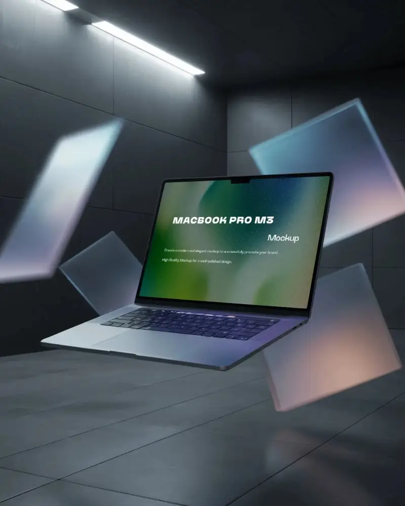 Macbook Pro M3 Mockup Floating In Dark Room With Hovering Glass Panels And Neon Light