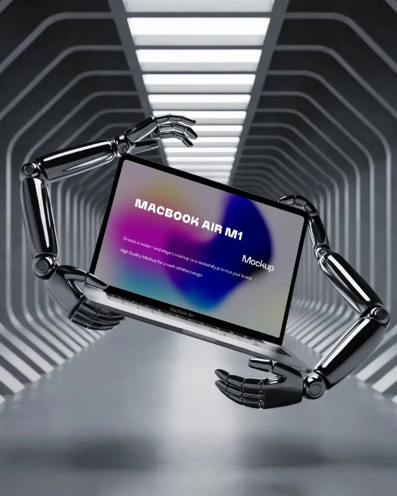 Macbook Air M1 Mockup Held By Robotic Arms In Futuristic Hallway With Symmetrical Lights