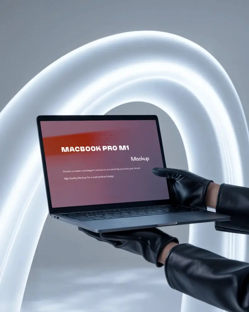 Macbook Pro M1 Mockup Held By Gloved Hands In Front Of Glowing Arc On Modern Grey Set