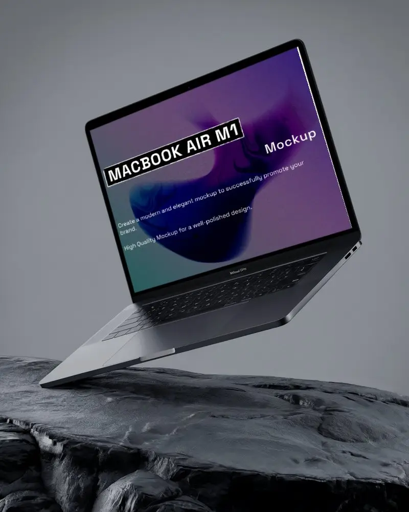 Floating Macbook Mockup On Stone Platform Bold Stylish Look