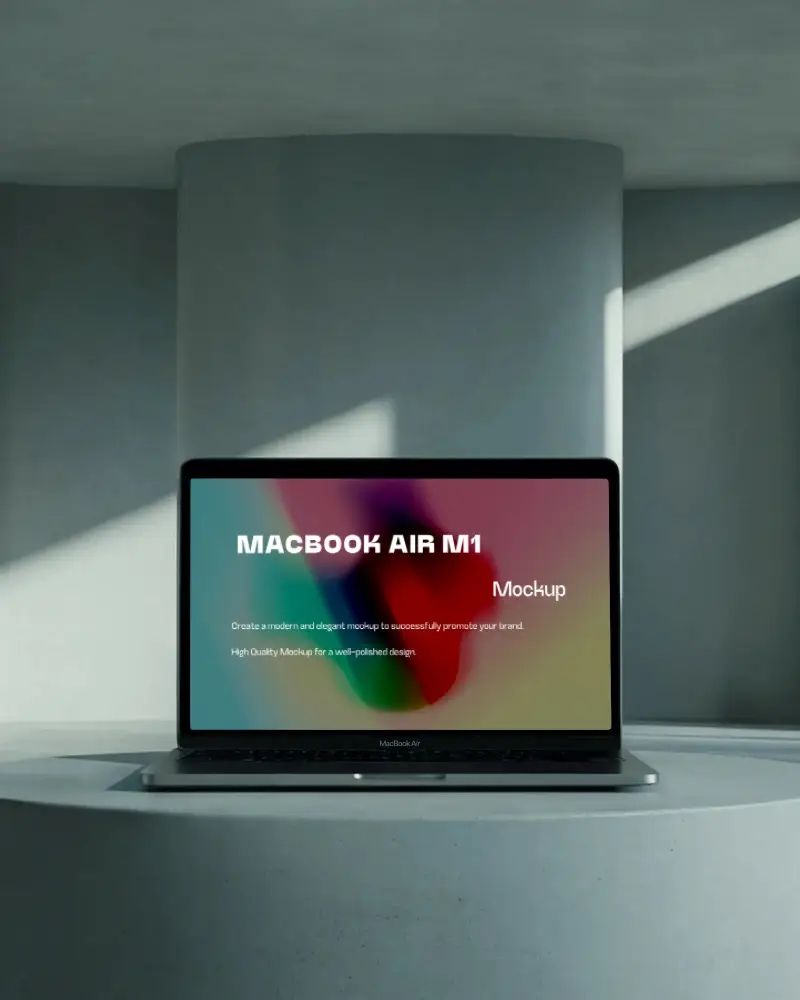 Macbook Air M1 Mockup On Circular Platform In Soft Shadow Architectural Studio Scene