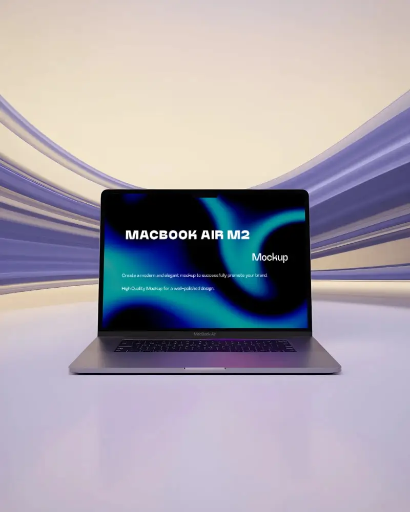 Macbook Air M2 Mockup Front View With Flowing Purple Backdrop And Soft Gradient Light