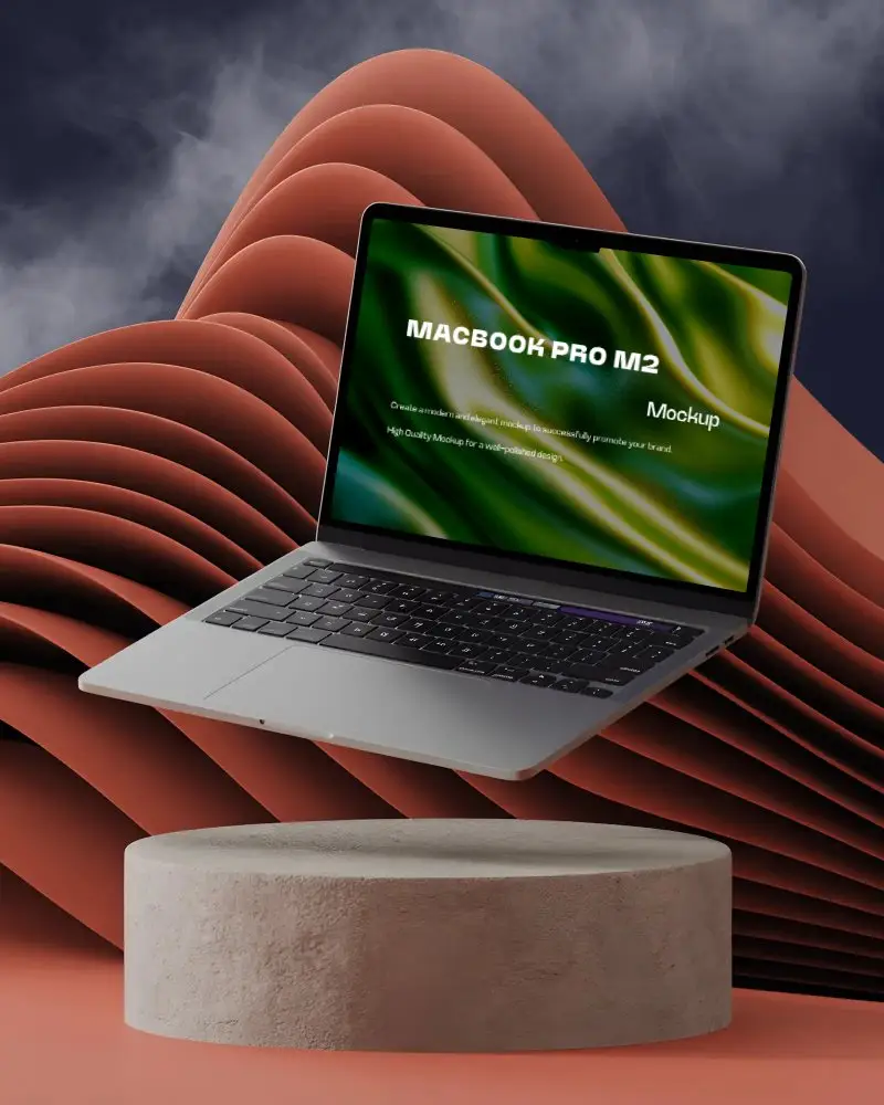 Macbook Pro M2 Mockup Floating Above Podium With Sculpted Waves And Dark Moody Smoke