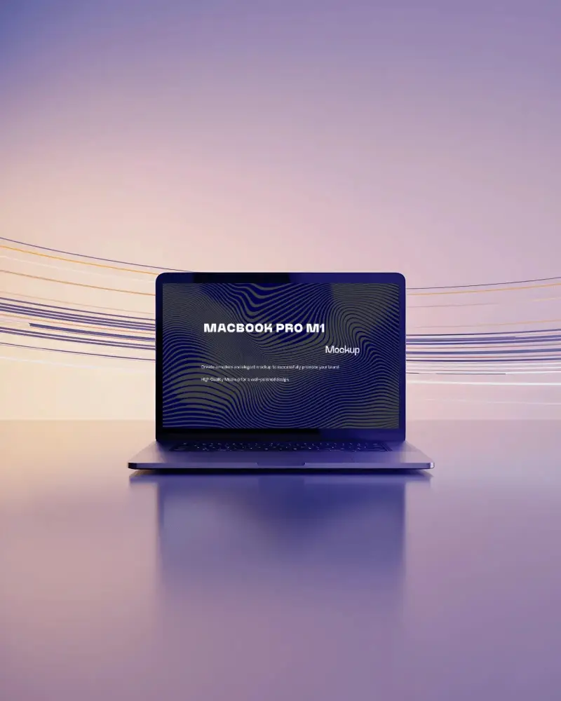 Macbook Pro M1 Mockup Front View On Glossy Surface With Soft Flowing Light Streaks