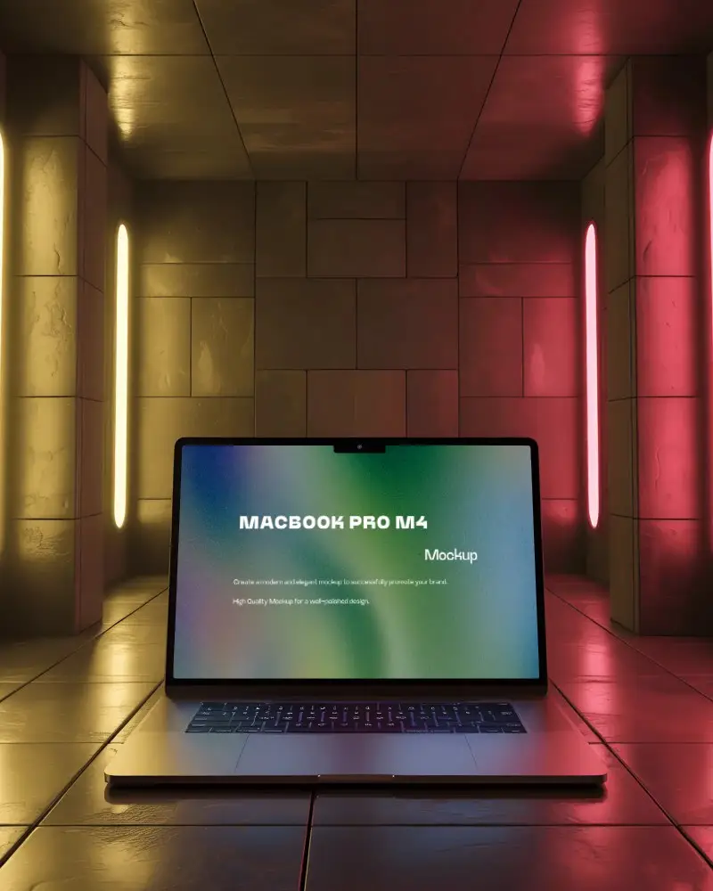 Macbook M4 Pro Mockup In Sci Fi Room With Red Yellow Neon Lights And Glowing Floor Tiles