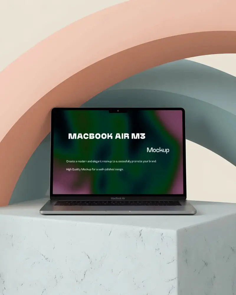 Macbook Air M3 Mockup On Marble Podium With Pastel Arches In Minimal Studio Setting