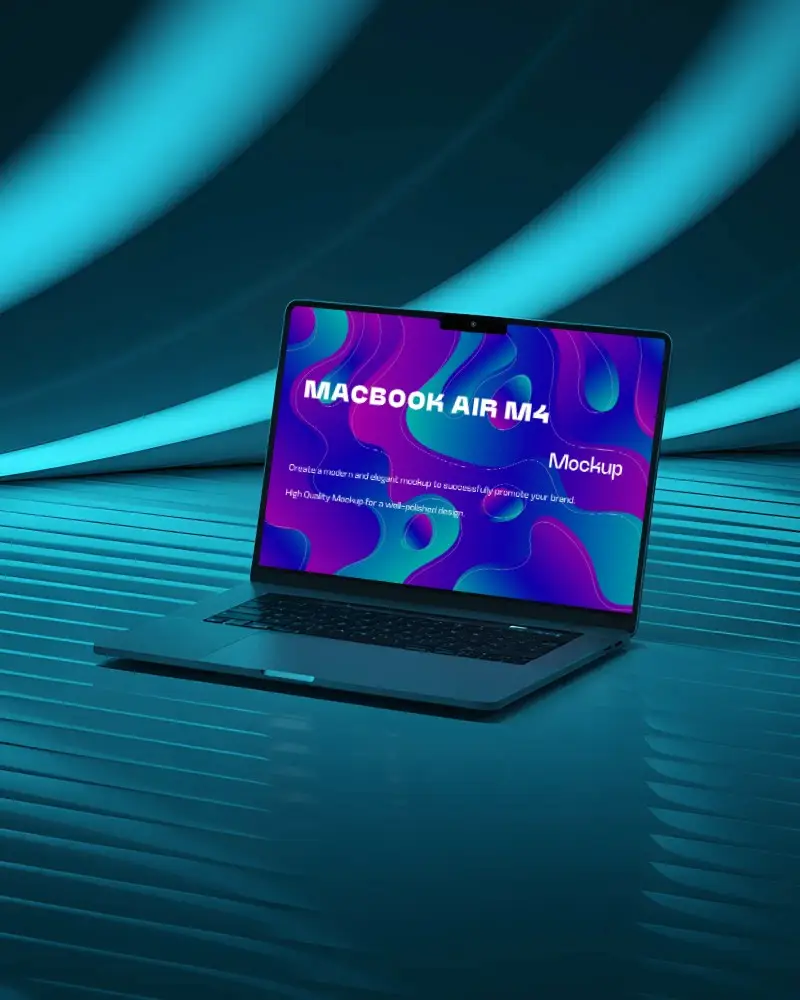 Macbook Air M4 Mockup In Glowing Blue 3d Scene With Curved Neon Walls And Reflective Floor