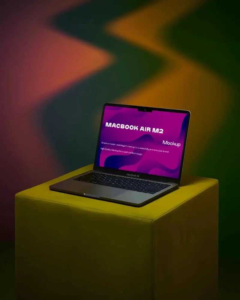 Macbook Air M2 Mockup On Yellow Pedestal With Color Wave Background And Moody Light