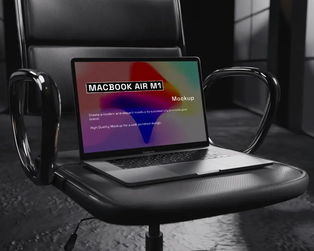 Professional Macbook Mockup On Black Leather Chair Corporate Setting