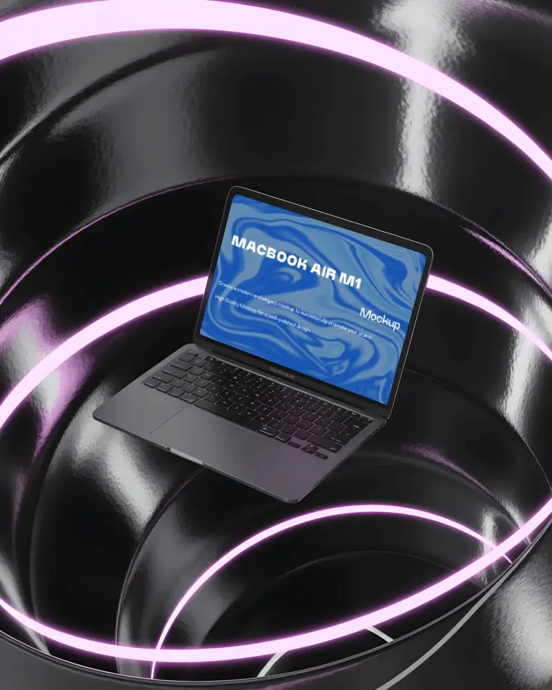 Macbook Air M1 Mockup In Futuristic Black Swirl With Glossy Surface And Pink Neon Rings