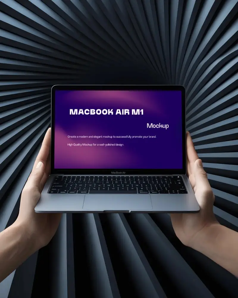 Macbook Air M1 Mockup Held By Hands In Dark Spiral Tunnel With Abstract 3d Geometry