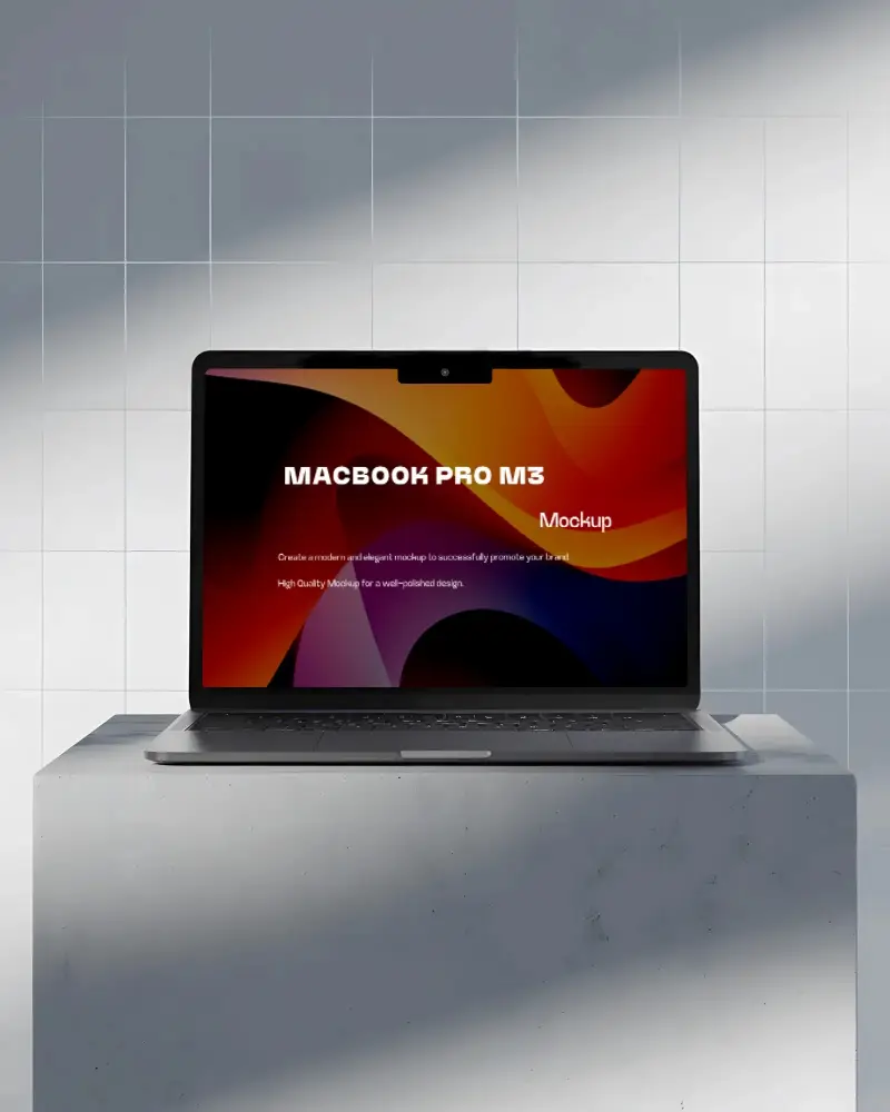 Macbook Pro M3 Mockup On Marble Pedestal With Soft Shadow And White Tiled Wall