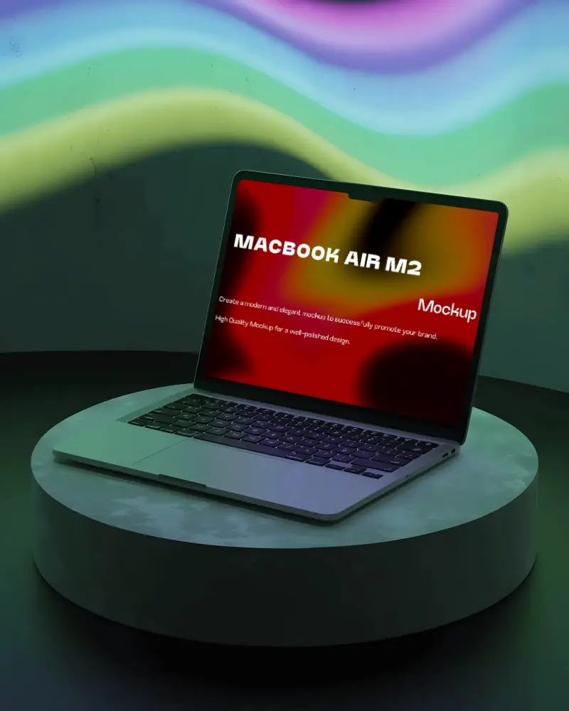 Macbook Air M2 Mockup On Round Podium With Wavy Neon Wall Light And Dark Room Mood