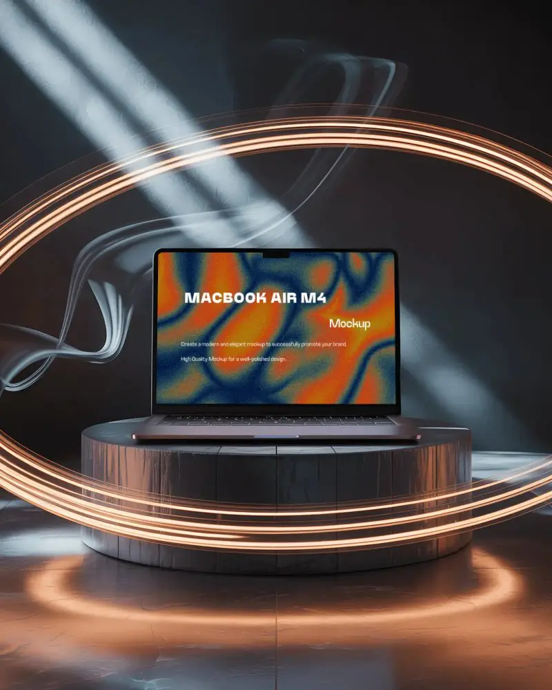 Glowing Ring Scene Macbook Air M4 Mockup On Podium With Swirl Lights And Fog Detail
