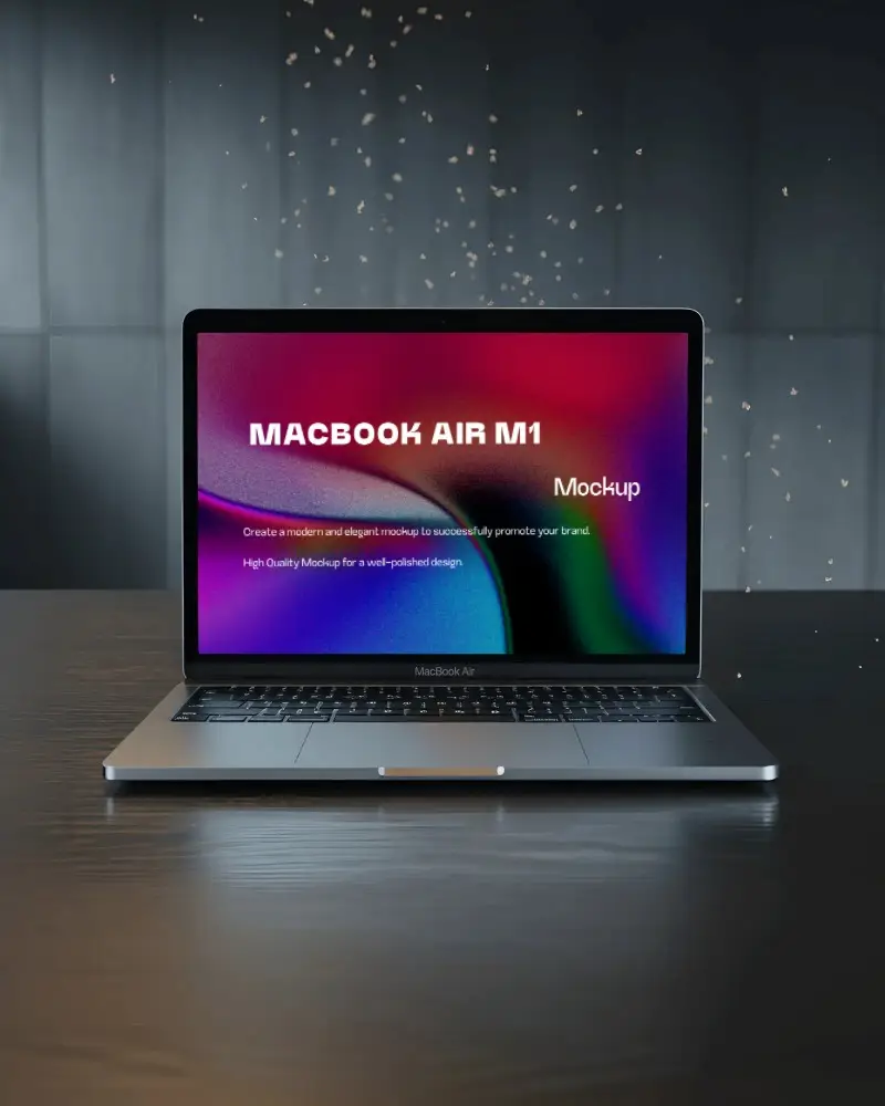 Macbook Air M1 Mockup On Dark Wooden Surface With Floating Sparks And Soft Glow Light