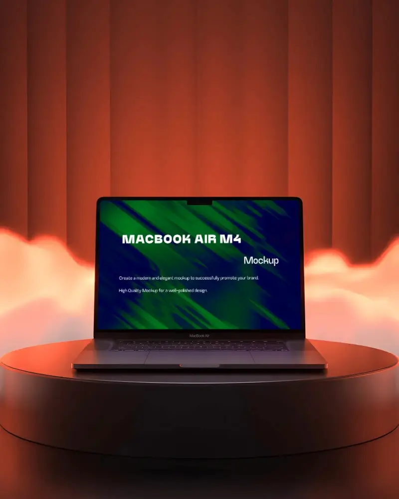 Macbook Air M4 Mockup On Round Platform With Fiery Red Glow And Curtained Backdrop