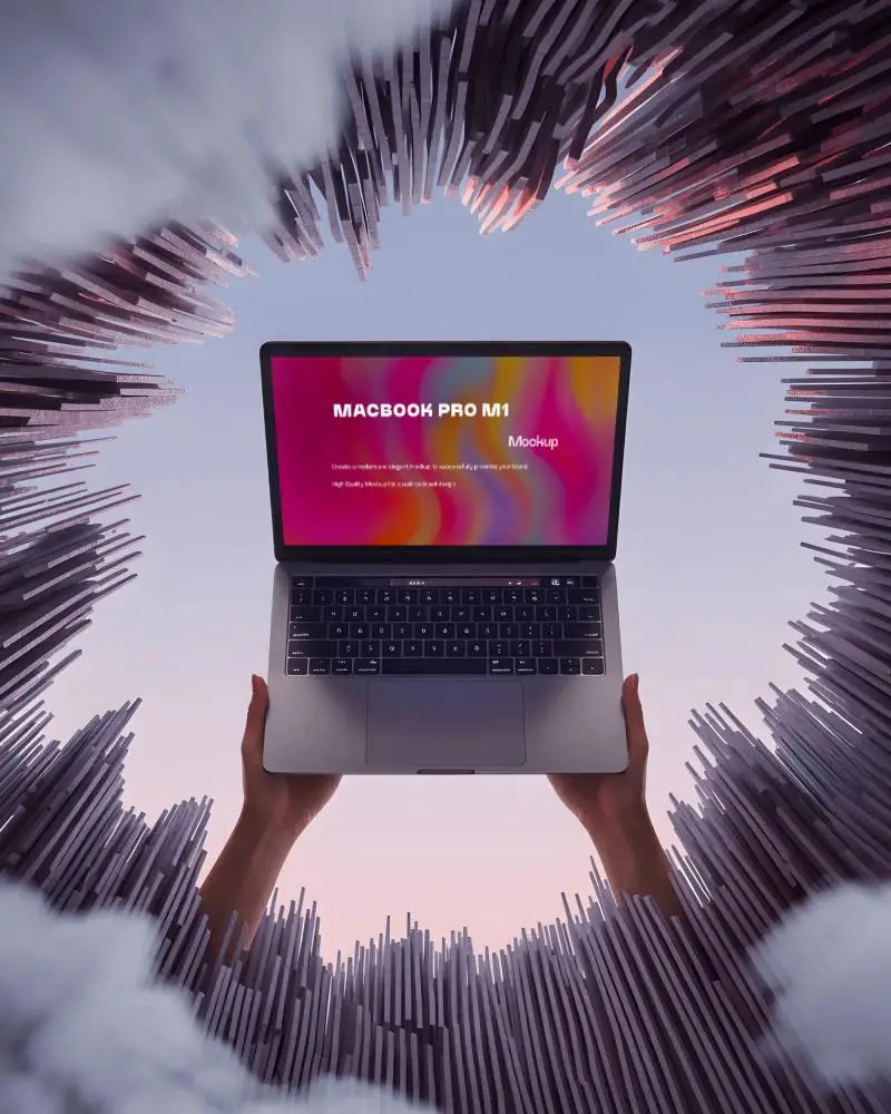 Macbook Pro M1 Mockup Held By Hands Through Floating Spikes In Surreal Sky Opening