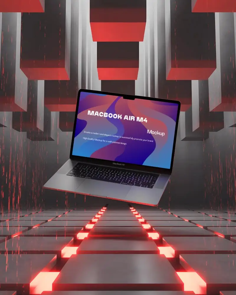 Macbook Air M4 Mockup Floating In Cyber Grid Chamber With Red Glow And 3d Blocks