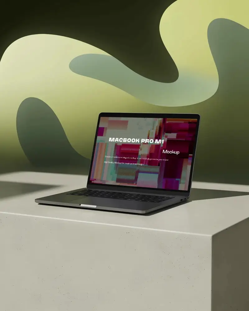 Macbook Pro M1 Mockup On Clean Pedestal With Abstract Green Wave Wall Background