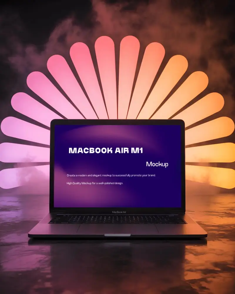 Macbook Air M1 Mockup In Front Of Glowing Fan Light Display With Pink Orange Hue