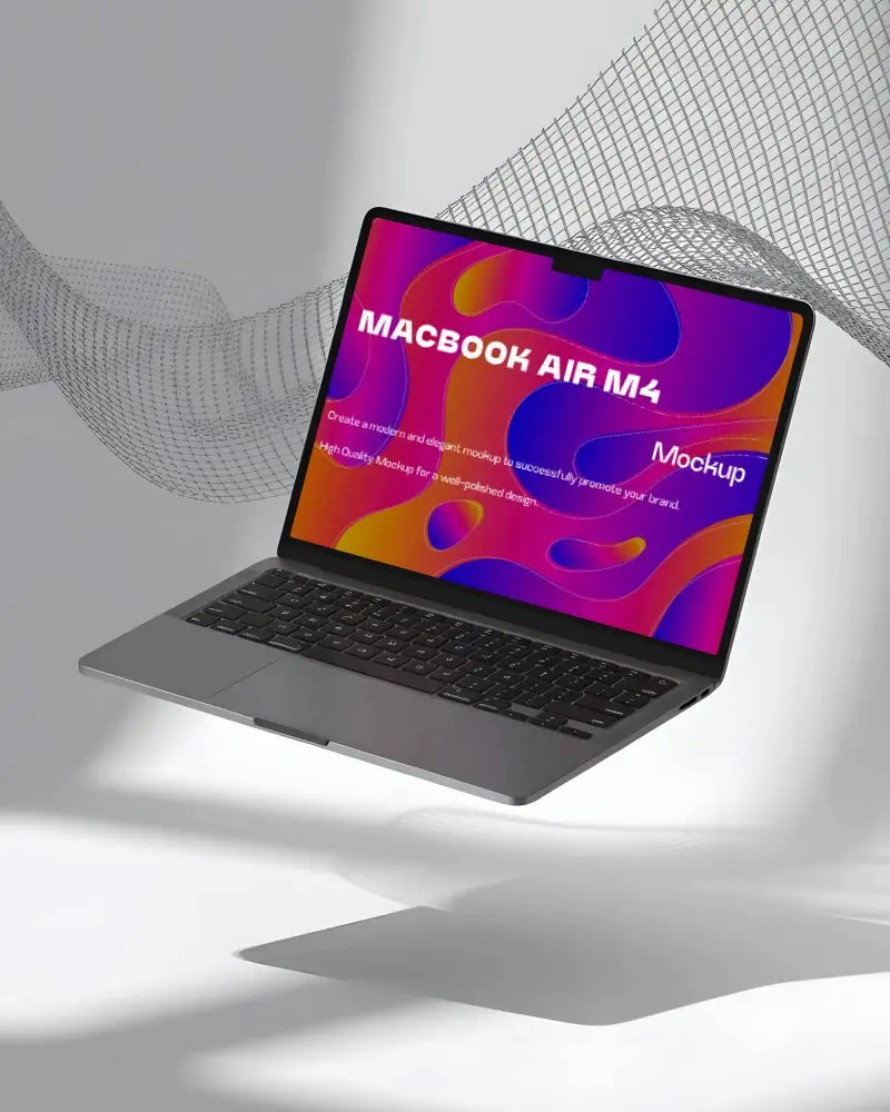 Macbook Air M4 Mockup Floating In Light Gray Scene With Abstract Wire Mesh Background