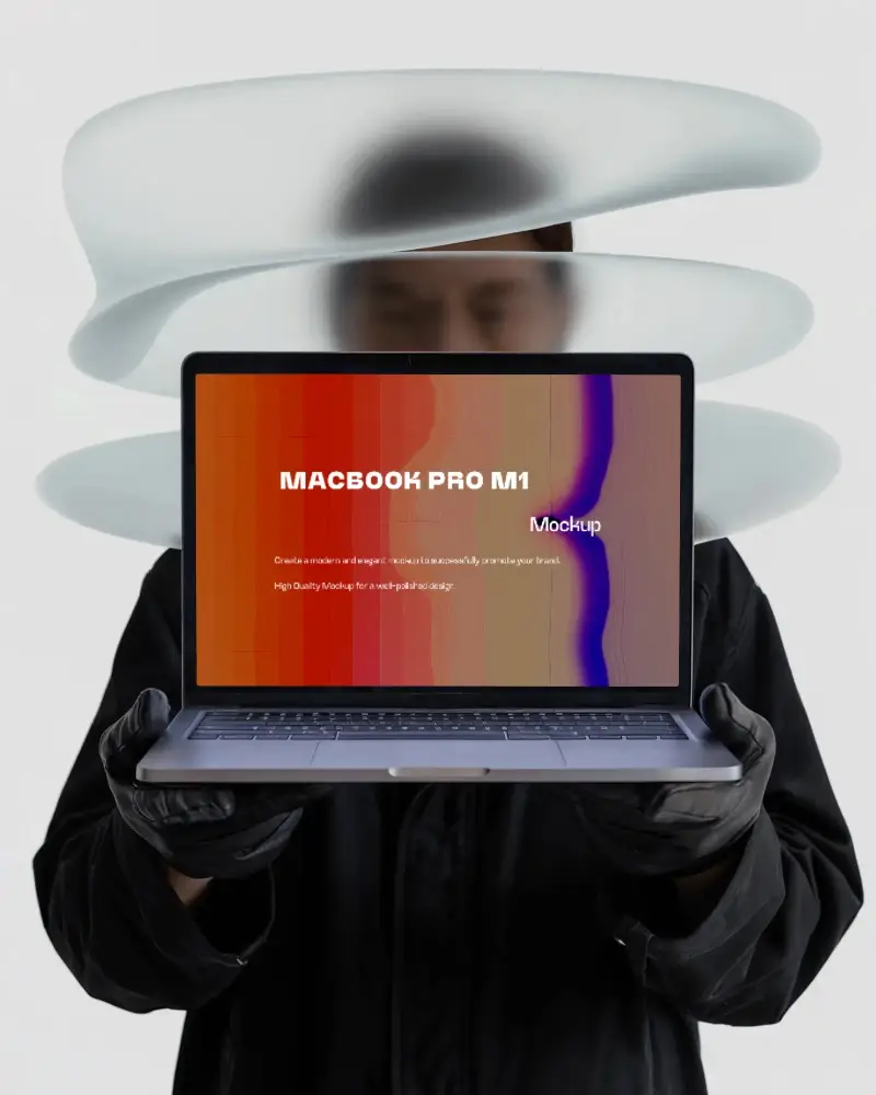 Macbook Pro M1 Mockup Held By Gloved Hands In Abstract Studio With Floating Sculpture