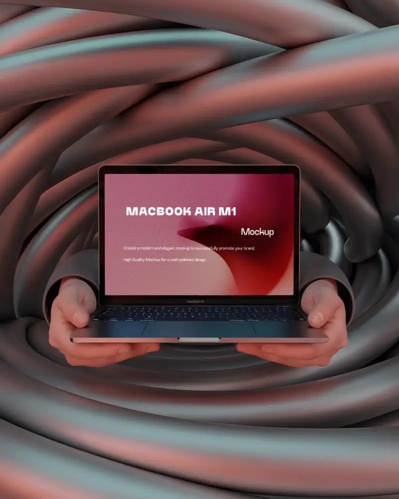 Macbook Air M1 Mockup Held In Hands Surrounded By Twisted Metallic Tube Structure