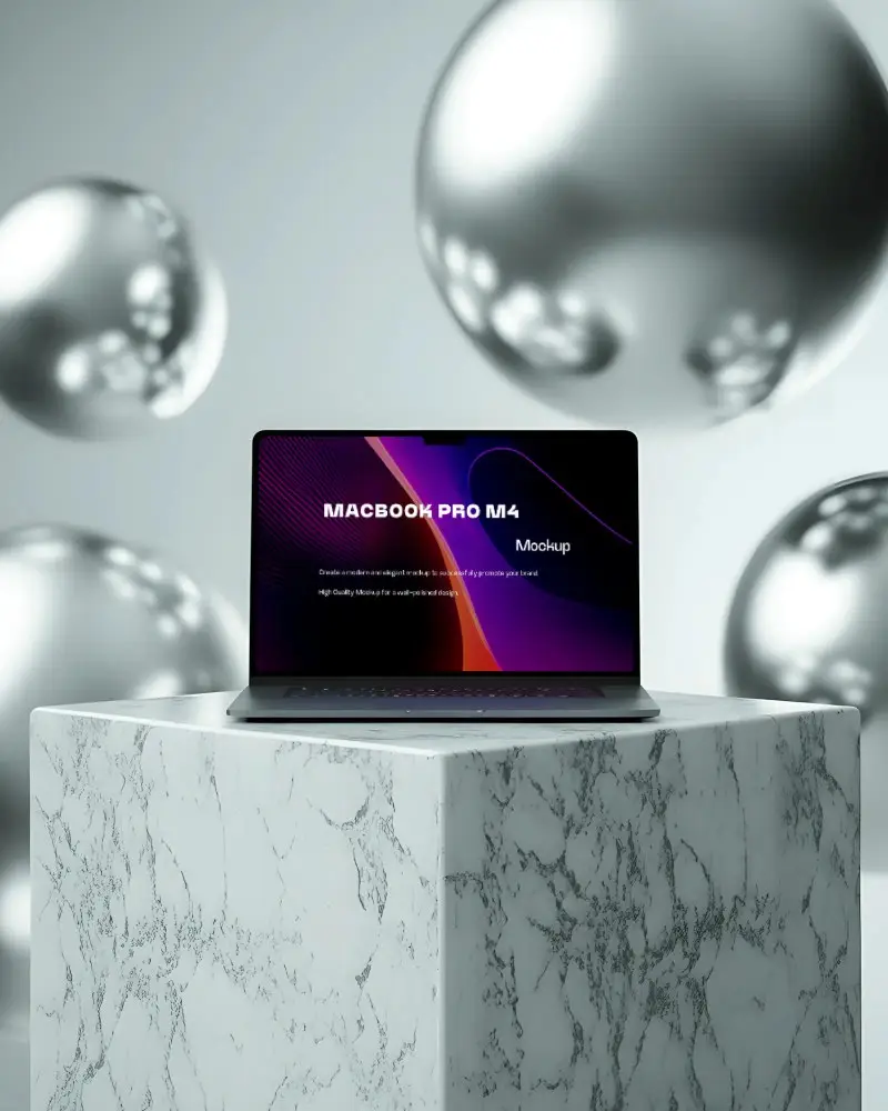 Macbook Pro M4 Mockup On Marble Podium With Floating Metallic Spheres In Studio Light