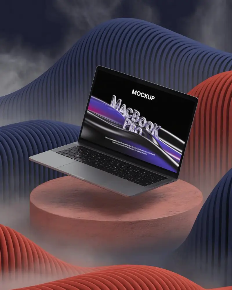 Macbook Pro M1 Mockup Floating Above Red Podium In Sculpted Wave Scene With Fog