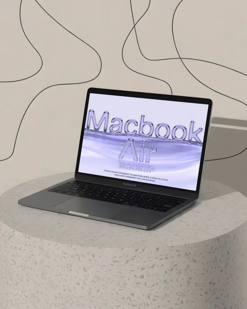 Macbook Air M1 Mockup On Round Terrazzo Stand With Abstract Line Art Wall Backdrop