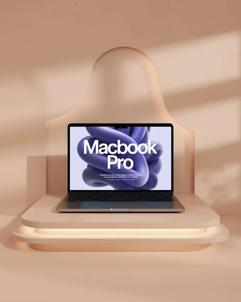 Macbook Pro M3 Mockup On Smooth Tiered Platform With Arched Backdrop And Warm Light