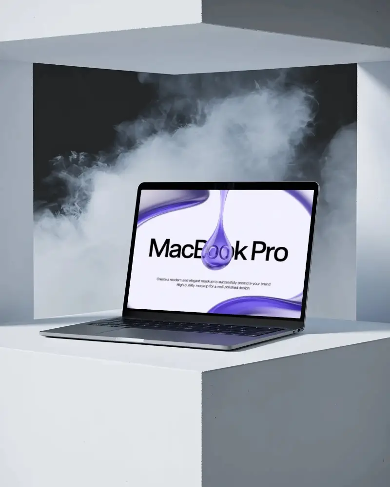 Macbook Pro M1 Mockup In Architectural Frame With Dark Foggy Background And Soft Light