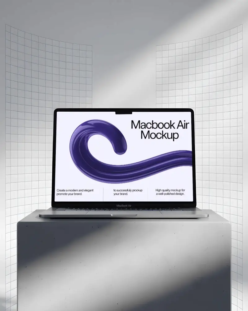 Minimal Studio Macbook Air M3 Mockup In Front Of Bent Grid Panels With Natural Light