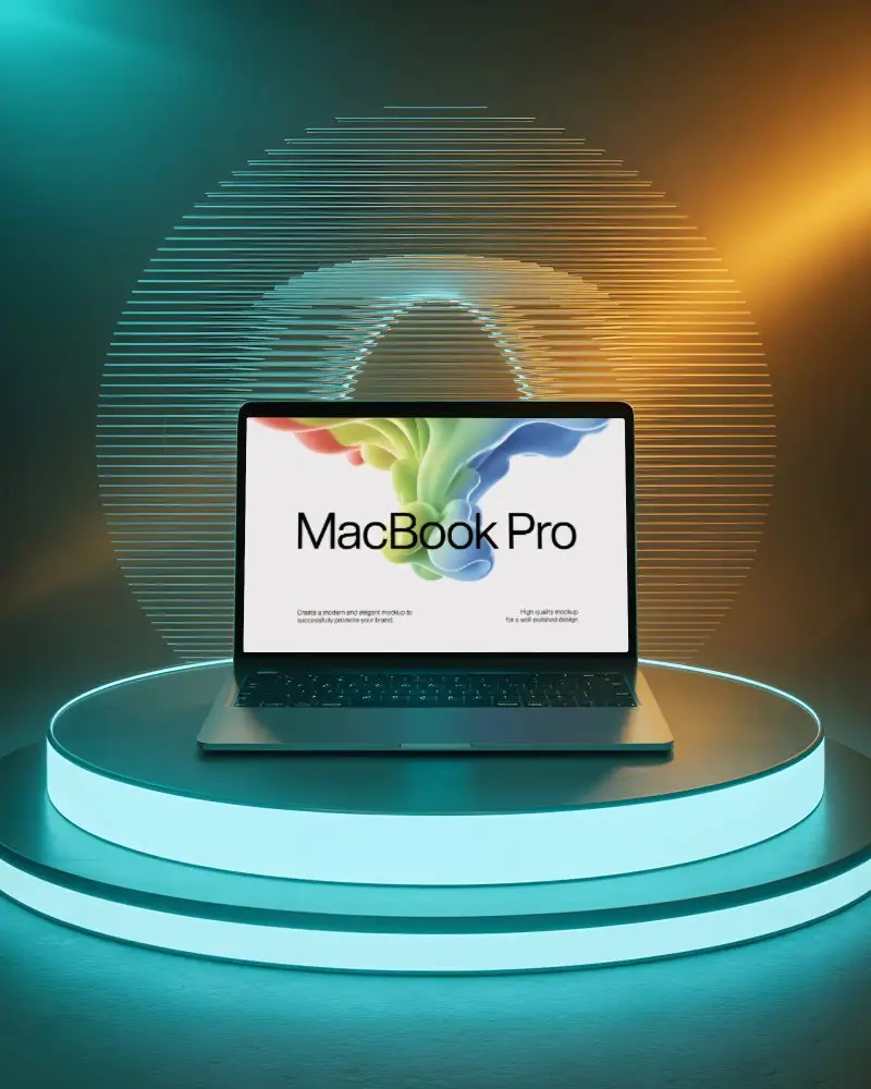 Premium Tech Display Macbook Pro M1 Mockup With Dual Light Setup And Graphic Halo