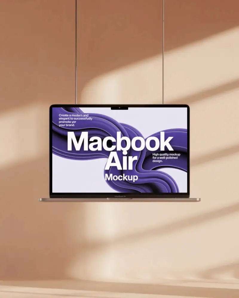 Minimal Studio Macbook Air M2 Mockup Hanging From Wires With Peachy Wall Light Cast