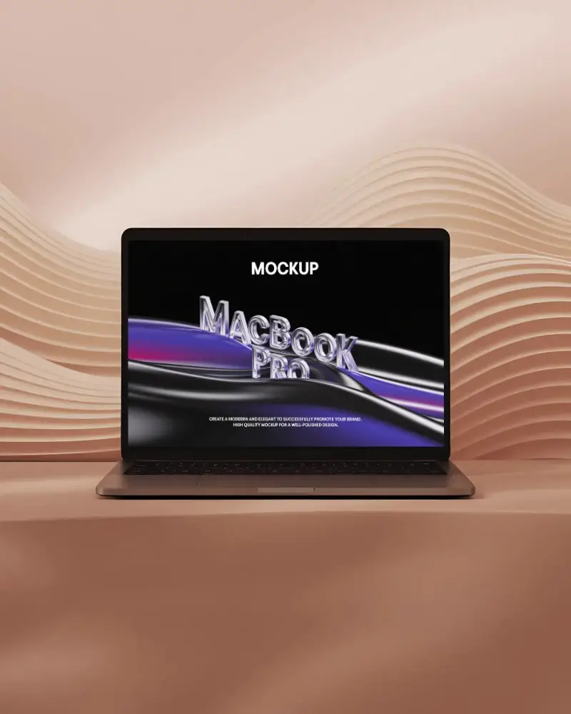 Macbook Pro M1 Mockup On Soft Surface With Sculpted Wave Wall And Peach Tone Light