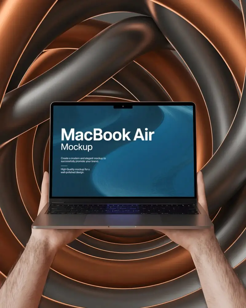 Macbook Air M4 Mockup Held Up Against Twisting Metallic Tube Backdrop In 3d Space