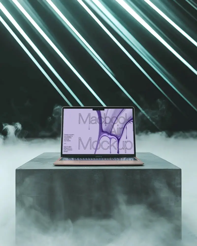 Macbook Air M3 Mockup On Dark Concrete Podium With Fog And Diagonal Light Beams