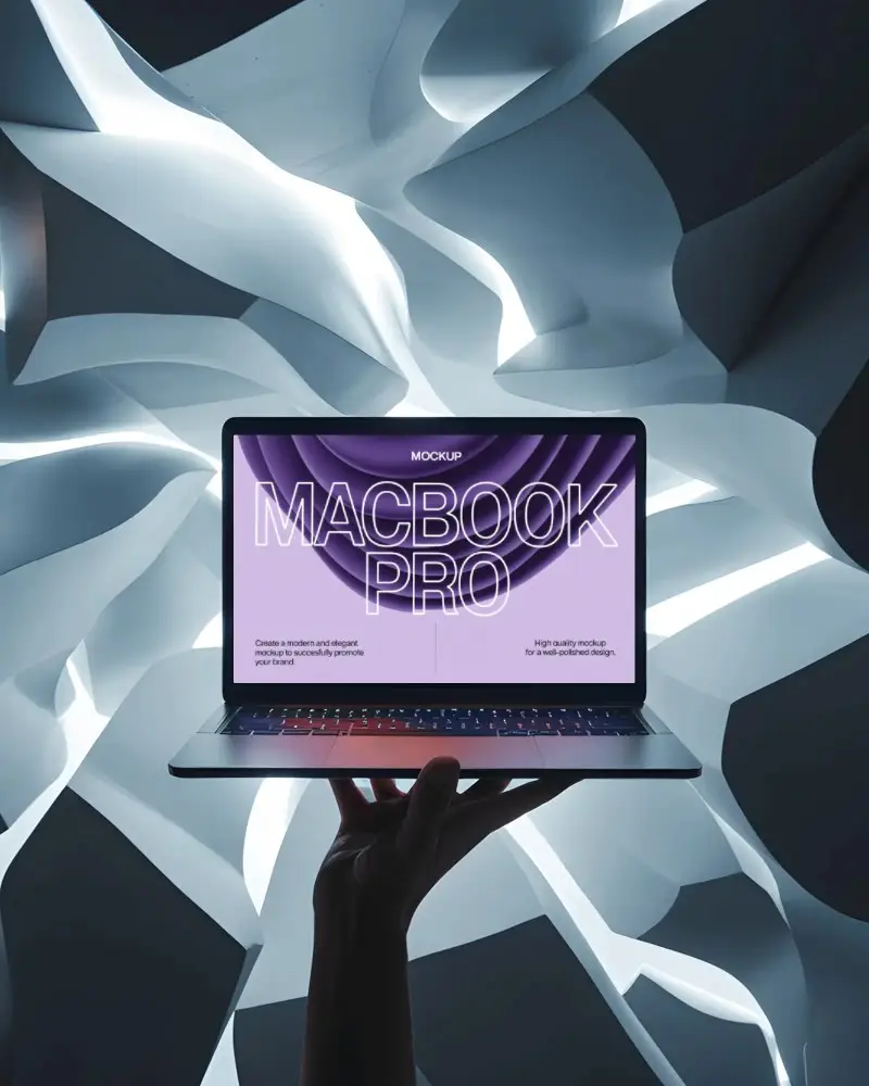 Macbook Pro M1 Mockup Held Up In Hand With Glowing Abstract Architectural Backdrop