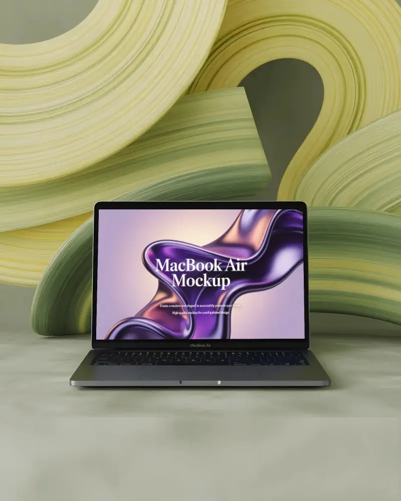 Macbook Air M1 Mockup On Soft Surface With Abstract Swirl Backdrop In Green Tones