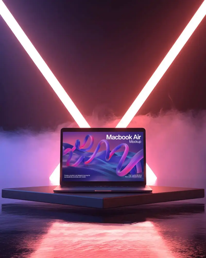 Cinematic Display Macbook Pro M1 Mockup In Smoke Filled Room With Crossed Light Beams