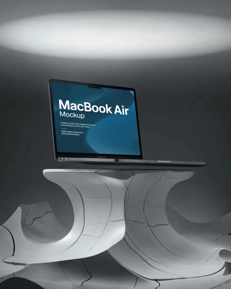 Macbook Air M3 Mockup On Cracked Sculpture Pedestal Under Soft Spotlight In Dark Room