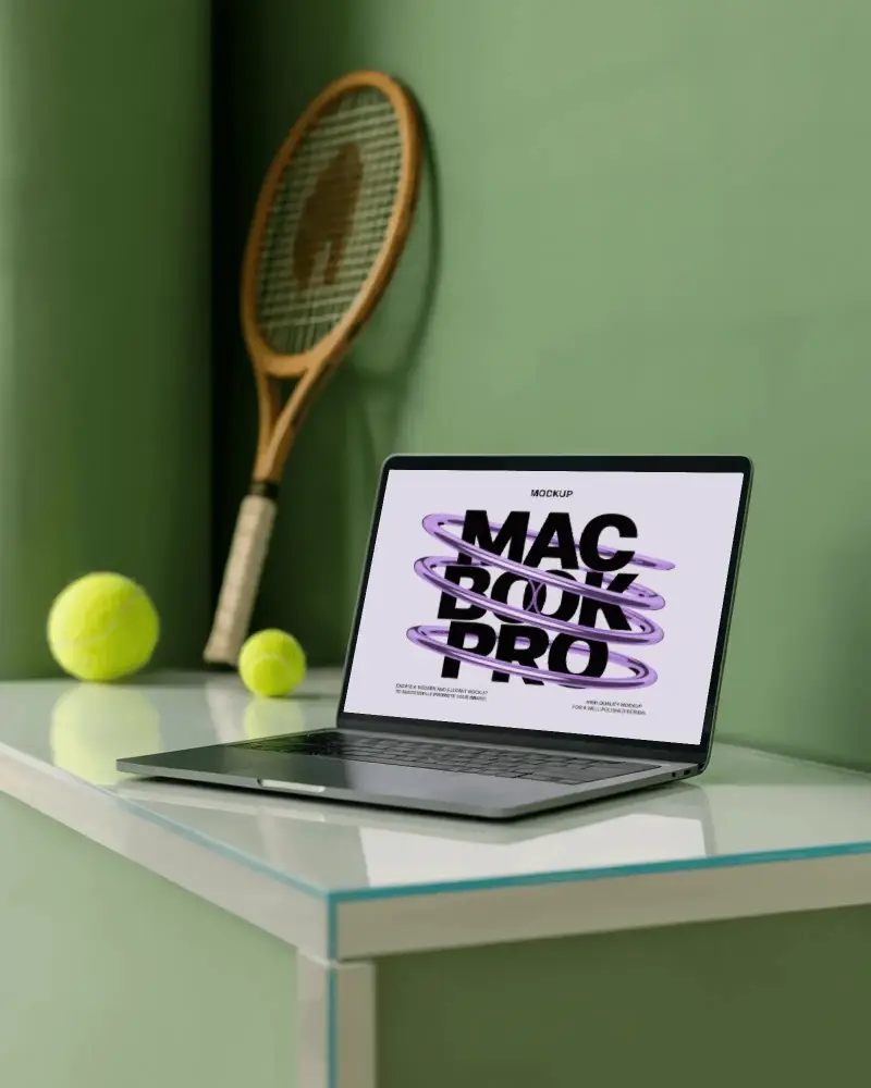 Macbook Pro M1 Mockup On Glass Desk With Tennis Balls And Wooden Racket In Green Room