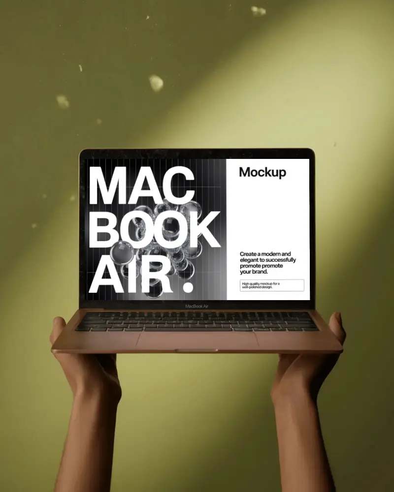 Macbook Air M1 Mockup Held In Hands With Olive Green Spotlight Backdrop And Dust Particles