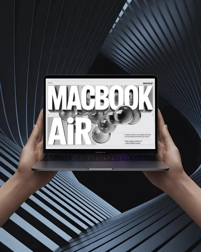 Macbook Air M1 Mockup Centered In Hands Against Swirled Metallic Structure Background