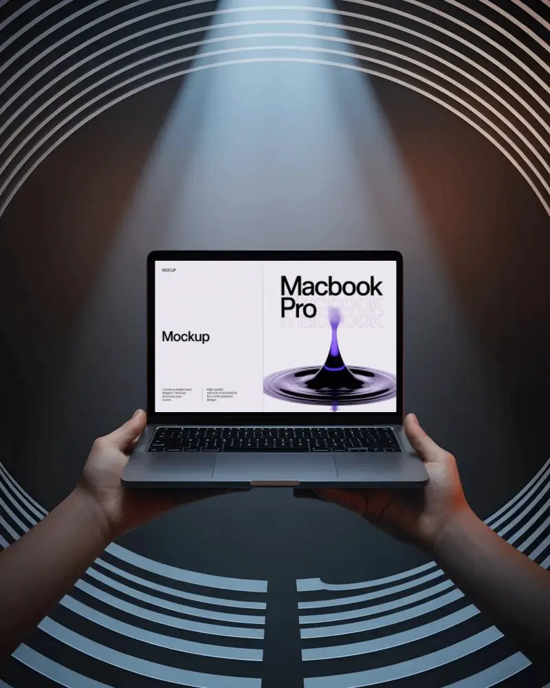 Macbook Pro M1 Mockup Held In Hands Under Spotlight With Circular Graphic Backdrop