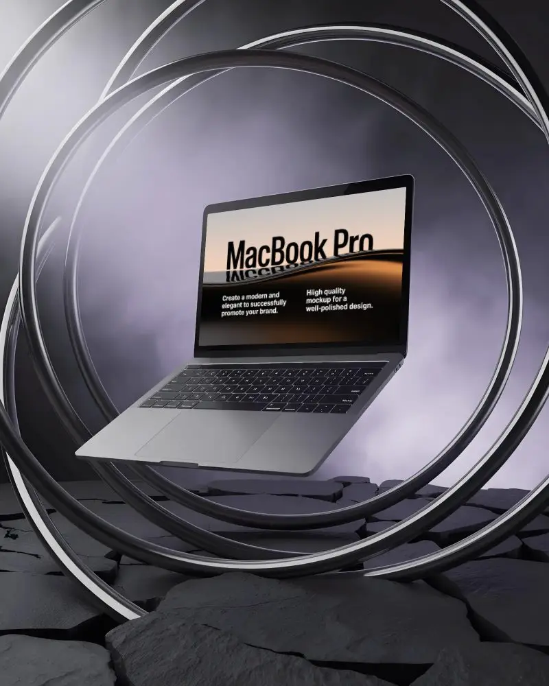 Futuristic Scene Macbook Pro M1 Mockup Levitating In Ring Structure Over Split Floor